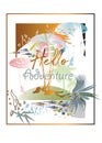Slogan design print with tropic leaves and flowers decorated with colorful mosaic, summer activities. Paragliding girl.